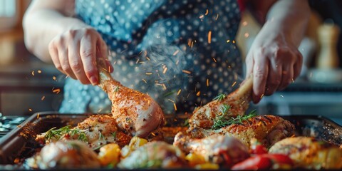 Spiced Chicken Legs Prepared by a Woman's Hands at Home
