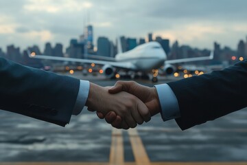 Two men shaking hands in front of an airplane