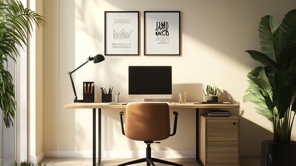 A contemporary workspace with a minimalist frame on the wall, displaying motivational typography in a clean design