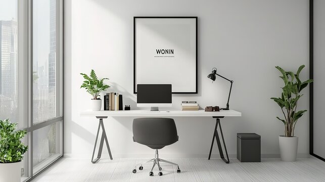 A contemporary workspace with a minimalist frame on the wall, displaying motivational typography in a clean design