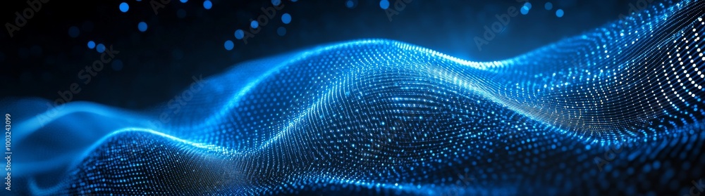 Poster a digital 3d wave moving over a dark background. dynamic blue particles. big data concept. cyberspac