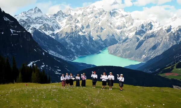 Traditional Swiss yodeling performance in a mountain setting