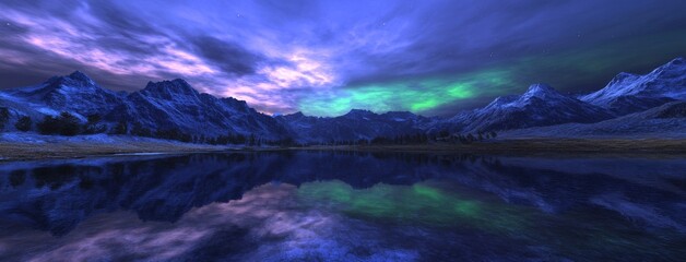 Fototapeta premium Northern Lights Banner with copy space of the Aurora Borealis and stars in the sky.