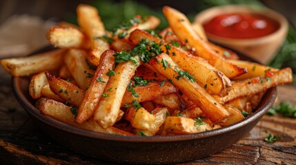 Crispy French Fries with Fresh Herbs and Ketchup in Rustic Bowl. Appetizing Snack Food Photography.