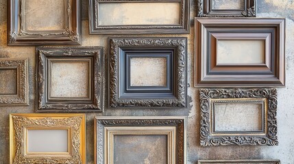 A collection of vintage ornate frames in various sizes and designs, displayed together on a gallery wall