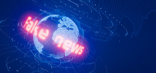 Fake news. Lies on TV channels. News fakes. The inscription fake news on the background of the globe hologram. 3D render.