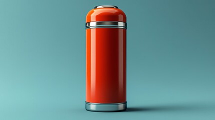 Obraz premium Classic red thermos flask standing on blue background, simple object photography perfect for health, lifestyle or travel