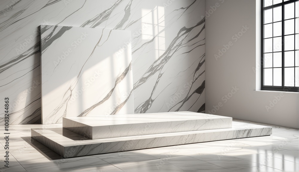 Poster empty studio room with marble rectangular podium and clean floor for product display