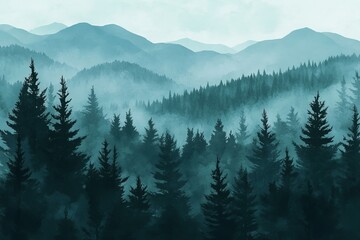 Landscape wallpaper of a pine forest in foggy winter covered in snow. Snow pine tree in beautiful nature landscape for Christmas and New Year greeting cards.