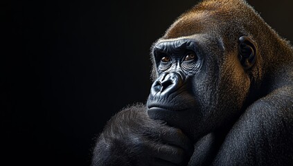 Obraz premium This generative AI wallpaper features a close-up of a wild black gorilla face against a black background