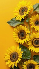 Obraz premium Sunflowers on soft color background, romantic feminine composition, wedding invitation concept.