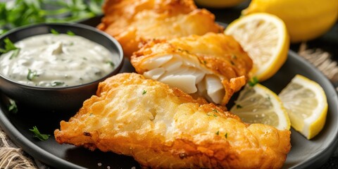 Close-up of a crunchy, golden-battered fish fillet on a dark plate, accompanied by tartar sauce and lemon wedges.