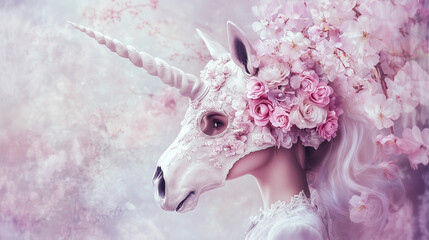 Obraz premium A fantasy-inspired image of a woman wearing a skull-like unicorn mask decorated with pink flowers. The soft background of blooming florals enhances the magical, whimsical mood of t