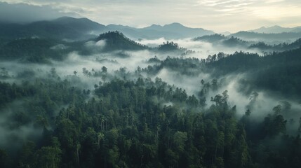 Forest in the morning with mist and sun rays. Aerial view of the interior. Stunning nature landscape wallpaper background.