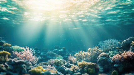 Fototapeta premium Vibrant Underwater Coral Reef Landscape with Sunlight Beaming Through Turquoise Waters