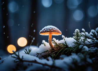 A glowing mushroom in the woods, under the snow - Powered by Adobe