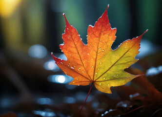 A red fall maple leaf in the woods