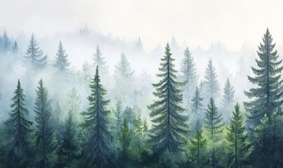 Misty forest illustration in watercolor, seamless pattern