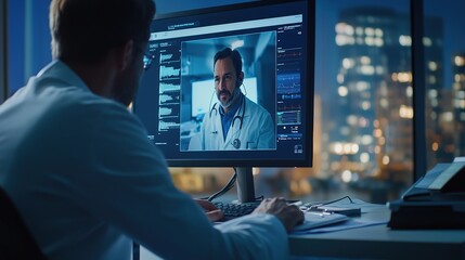 A close-up of a doctor screen during a telemedicine session, with the patient face visible on the screen and the doctor taking notes