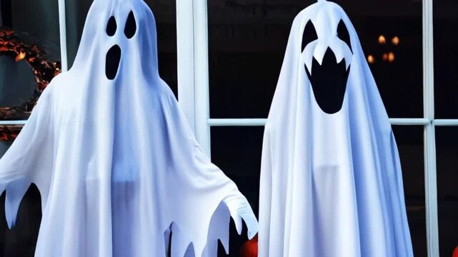 Little girl and father dressed as Halloween ghost standing in window concept halloween theme, spooky concept, horror, halloween costume, web banner, illustration created with generative ai
