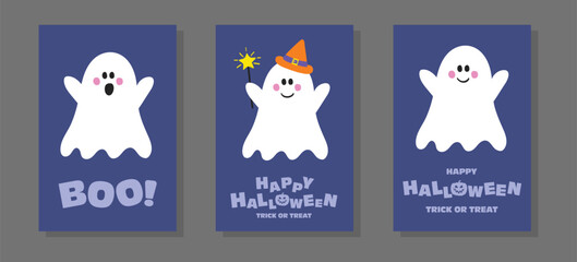 Collection of Halloween greeting cards with funny hand drawn ghost. Vector illustration