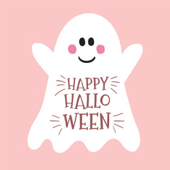 Cute Halloween greeting card with funny ghost. Vector illustration