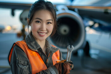 Confident Asian female aircraft engineer with spanner, smiling, blurred plane in background