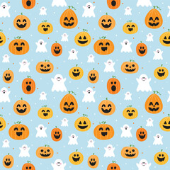 Cute Halloween pattern with spooky pumpkins and ghosts. Vector illustration