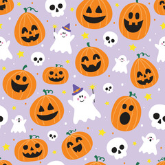 Cute Halloween pattern with spooky pumpkins, ghosts and skulls. Vector illustration
