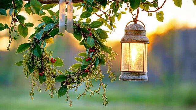 Sunlit Hanging Lantern and Greenery Wreath in a Serene Outdoor Setting.Winter tradition decor for Christmas, Winter solstice day, Yule