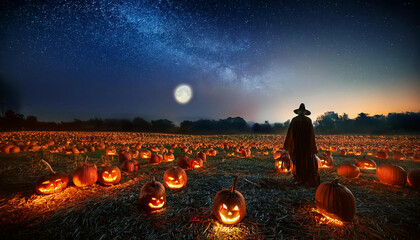 A scarecrow in silhouette stands in a large pumpkin field, lit by glowing jack-o'-lanterns. A full moon and starry night sky illuminate the dark, rural landscape.