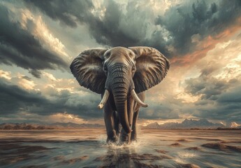 Fototapeta premium Wallpaper background with a fantasy illustration of a wild elephant. Digital art style wallpaper.
