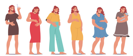 Cartoon Vector Illustration Showing The Journey from Pregnancy Test Through Various Stages to Motherhood