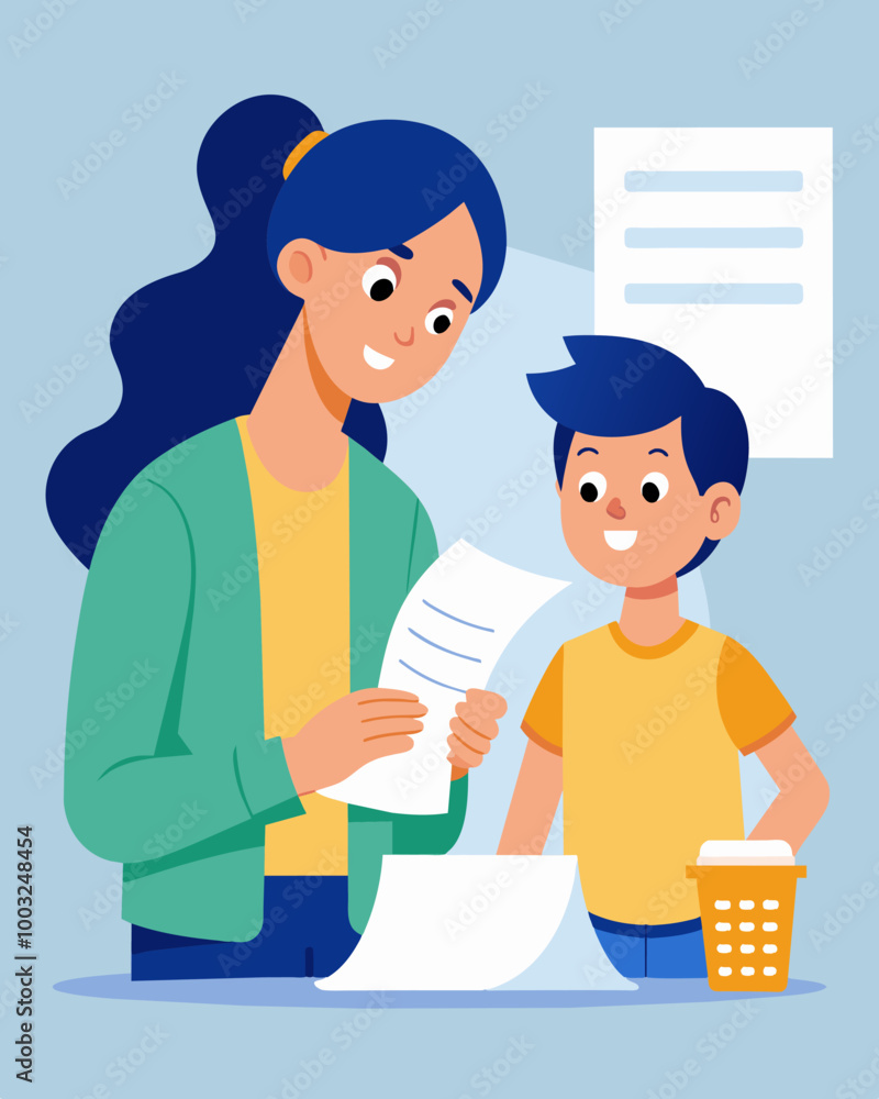 Poster a parent and child go through old bills and receipts discussing the importance of tracking expenses 