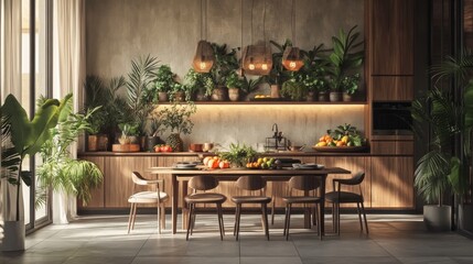 Fototapeta premium Photo of an elaborate wallpaper design depicting vegetable patterns on the walls of a sophisticated kitchen