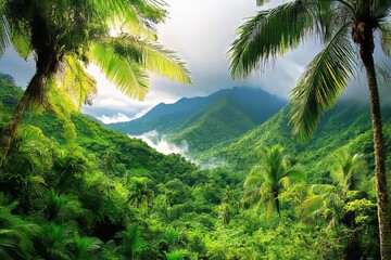 Fototapeta premium A lush rainforest filled with dense trees as the background for your desktop wallpaper