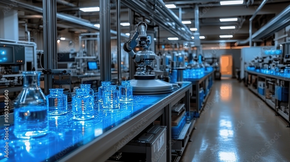 Poster automated production line in a modern factory with robotic arm and glass containers.