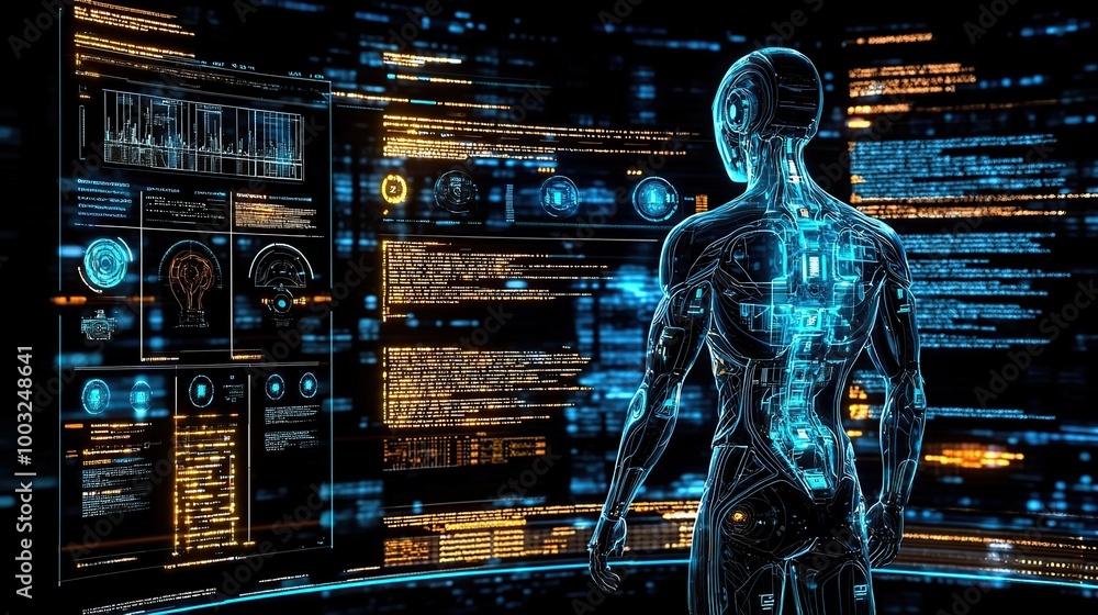 Poster futuristic robot standing in front of a digital interface with glowing blue and yellow lights.