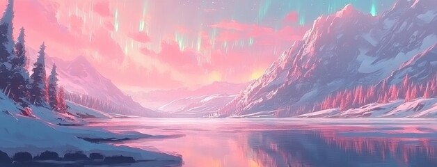 With copy-space, Winter Mountains with Aurora Borealis. Blue Sky Wallpaper.