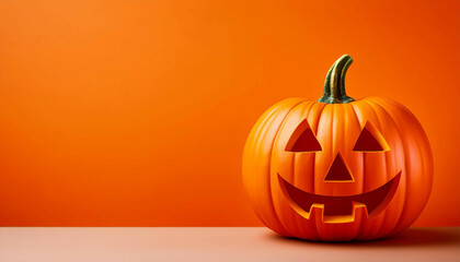 The left side of a jack-o'-lantern is visible, with a carved face against a bold orange background. The bright pumpkin contrasts with the minimalist backdrop.