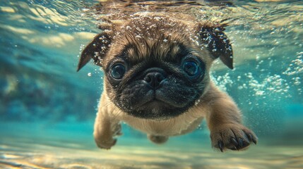 A cute pug swims underwater, an image that might sell well as a wallpaper or background.