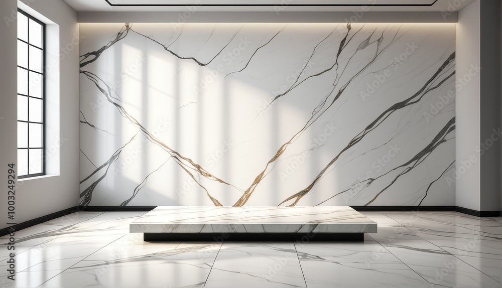 Poster empty studio room with marble rectangular podium and clean floor for product display