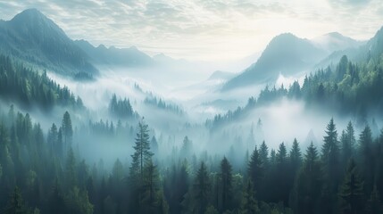 Obraz premium a breathtaking photo-realistic illustration unveils a mystical morning in mountains, fog envelops the forest, creating a dreamy and enchanting landscape