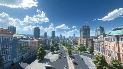 A 3D virtual reality simulation of a city, with detailed buildings, streets, and vehicles, offering a realistic and interactive experience