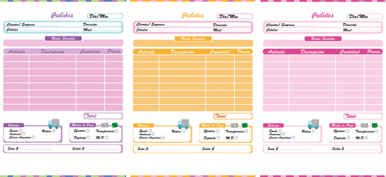 Formulario de pedidos emprendedores. Varios colores. A4