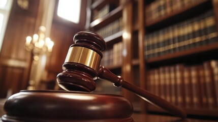 a close-up of a polished gavel resting on stacked law books in a sophisticated law office, rich wood tones and warm lighting creating an atmosphere of authority and justice