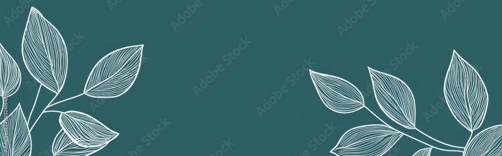 Poster white line drawing of simple leaves on a teal background design for a website banner, simple and ele