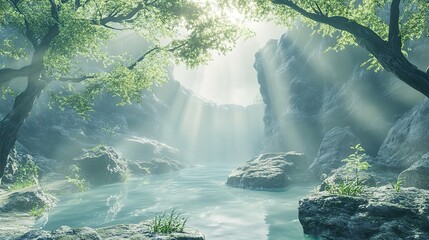 A 3D virtual reality environment designed for meditation, featuring a serene landscape with calming visuals and ambient sounds