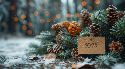 Christmas Card 2025 Snowy Pine Branch, Cones, Twinkle Lights, Festive Bokeh with copy space. Holiday, Winter.
