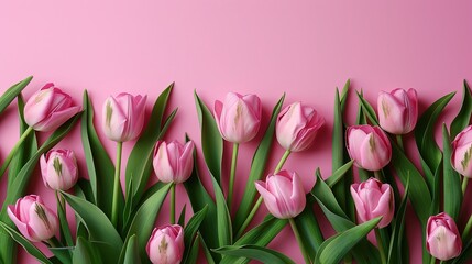 Fototapeta premium Tulip flowers on soft color background, romantic feminine composition, wedding invitation concept.